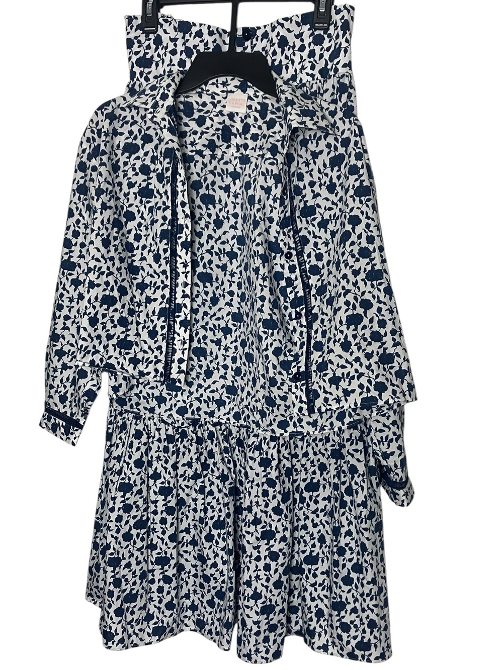 Loretta Caponi Tecla Scalloped Blue Floral Skirt and Blouse Set Large
